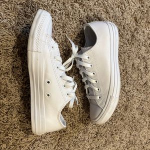Solid White Leather Converse Chuck Taylor Sneakers - Size 7.5, which fits size 8